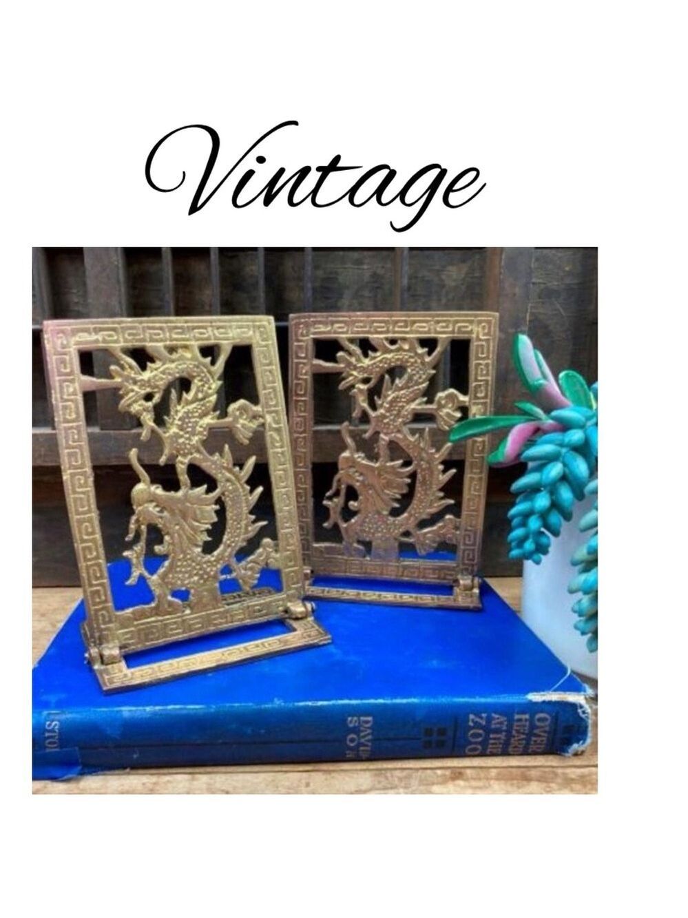 Vintage Chinese Dragon Brass Bookends Foldable Chinoiserie Decor Book Library